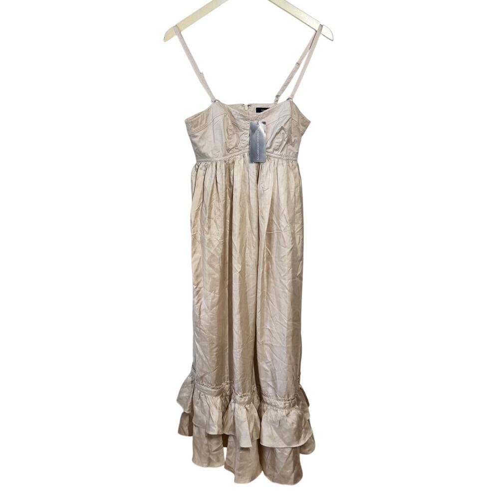 French Connection Dress 2 Cream Champaign Tiered Midi Cottage Boho‎ Minimal Prep